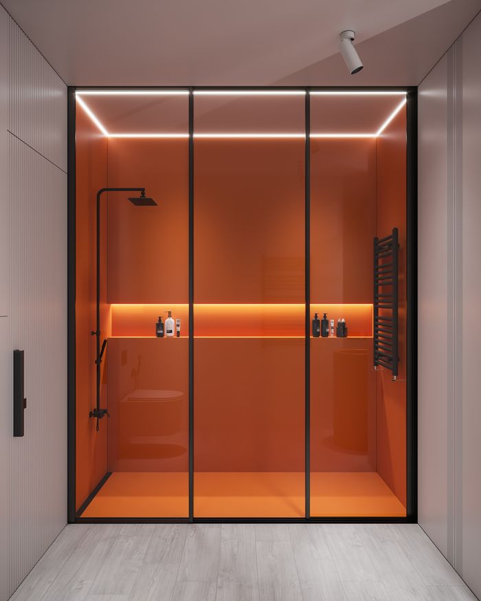 creative-03 Douche contemporaine et épurée avec des panneaux en verre orange, au style minimaliste et élégant.